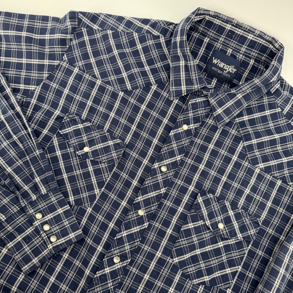 Wrangler Western Shirt Mens 2XL Navy Blue Plaid Pearl Snap Long Sleeve Yoke Work